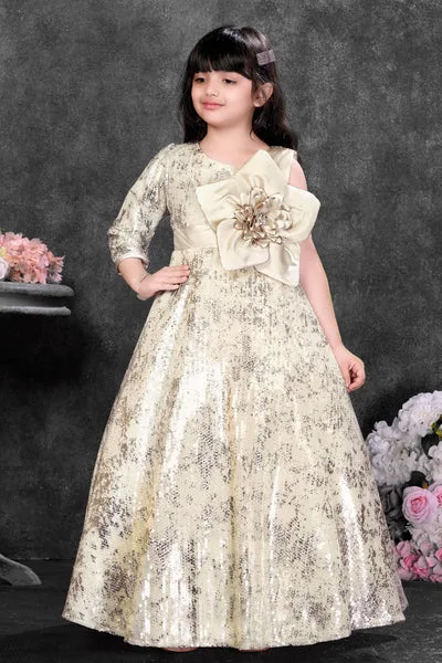 Fawn Sequin Party Wear Gown With One-Shoulder Sleeve And Statement Floral Bow For Girls